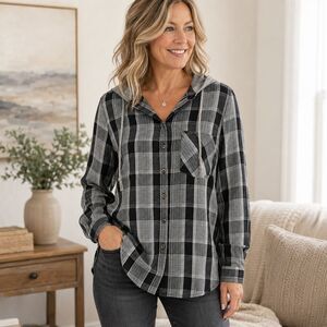 Mudd Womens L Black White Plaid Hooded Button Up Shirt Long Sleeve Cotton Modal